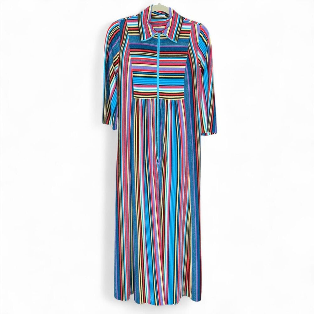 Vintage 70s Elaine Sklar terry cloth multicolored striped maxi dress size S